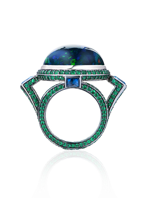 Black Cabochon Opal, Baguette Sapphire, Round Emerald & White Gold Ring, 3