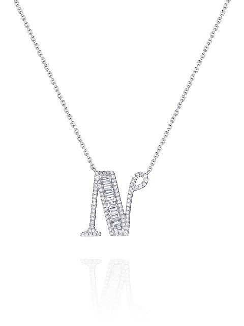 White gold and diamond pendant necklace in the shape of the letter N, 1