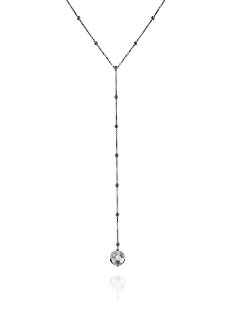 Tie necklace in blackened gold with diamonds and a mother-of-pearl pendant, 1