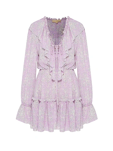 Lilac mini dress with floral print and ruffles, 1