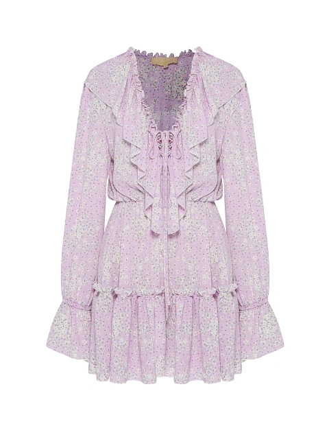 Lilac mini dress with floral print and ruffles, 1 Lilac mini dress with floral print and ruffles, 1