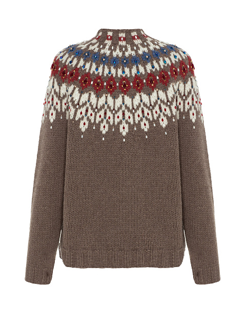 Brown Cashmere Sweater With Pattern And Pearls, 5