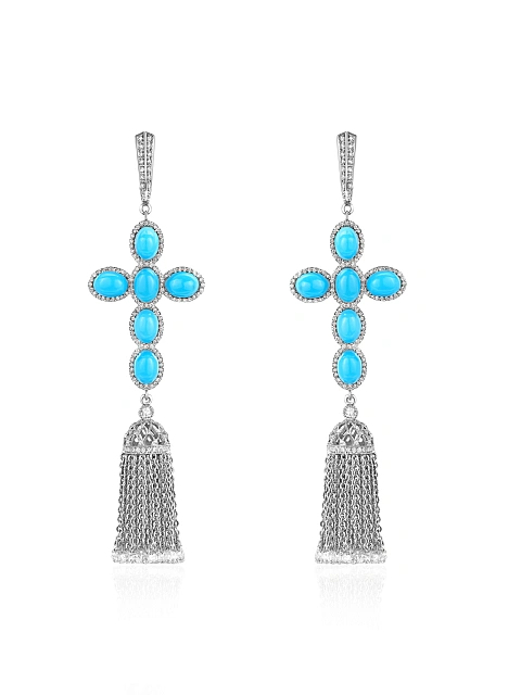 White Gold & Turquoise Cross Tassel Earrings, 1