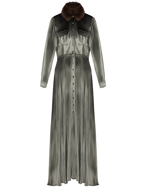 Grey Velvet Maxi Dress with Fur Collar, 1