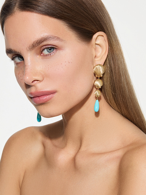 Long yellow gold earrings with turquoise, 2