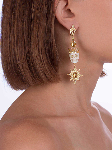 Gold Citrine & Sapphire Skull Mammoth Tusk Earrings, 2