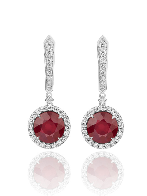 Ruby, Round Diamond & White Gold Earrings, 1