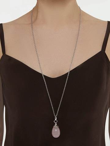 Silver necklace with rose quartz pendant and cubic zirconia, 2