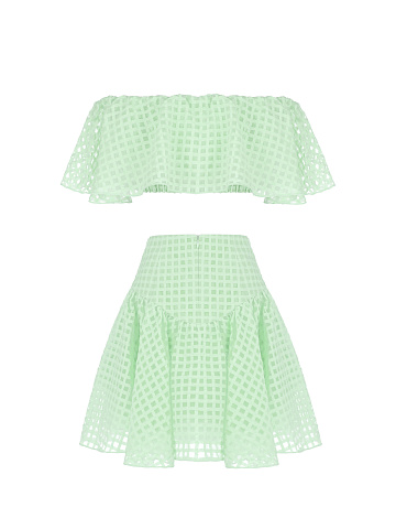 Lime Green Checked Chiffon Top & Mini Skirt, 2