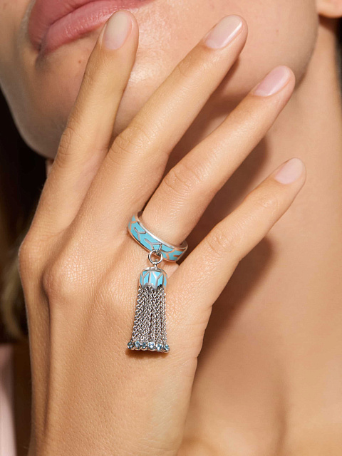 Tassel ring in white gold with enamel and Sky topazes, 3