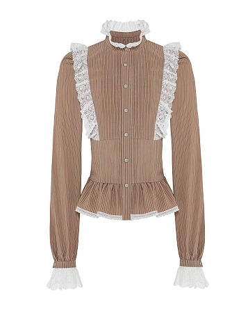 Light Brown Lace Trim Striped Cotton Blouse, 1