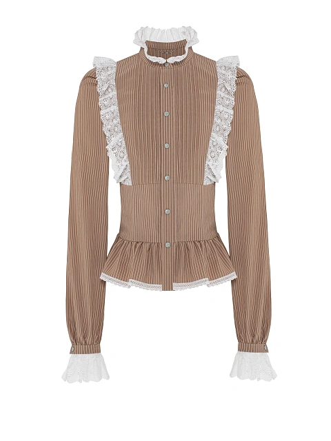 Light Brown Lace Trim Striped Cotton Blouse, 1 Light Brown Lace Trim Striped Cotton Blouse, 1