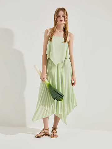 Light Green Pleated Asymmetric Midi Skirt, 2