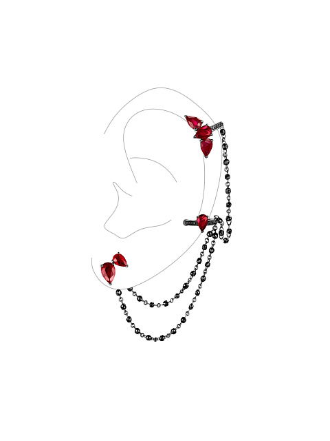 Earrings with ear cuff in blackened gold with rubies and black diamonds, 1