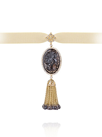 Gold, Brown Diamonds & Cameo On Smoky Quartz Tassel Pendant, 1