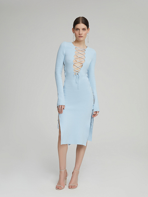 Light Blue Lace Up Jersey Midi Dress, 6 Light Blue Lace Up Jersey Midi Dress, 6