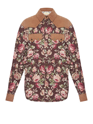 Brown Cotton & Suede Floral-Print Shirt, 1