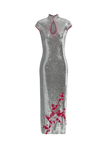 Silver Embroidered Sequin Midi Dress, 1