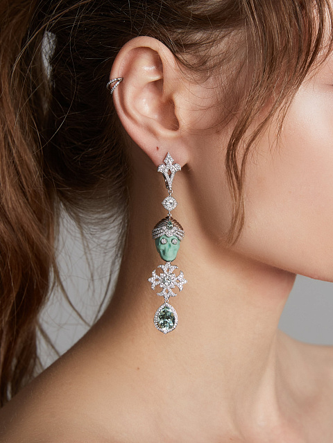 White gold skull earrings with carved turquoise, tourmalines and diamonds, 5