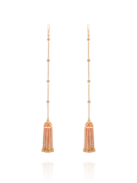 Pink gold tassel earrings with brown diamonds, 1