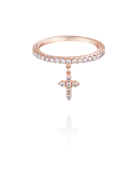 Ring made of rose gold with a cross-shaped pendant with brown round-cut diamonds, 1