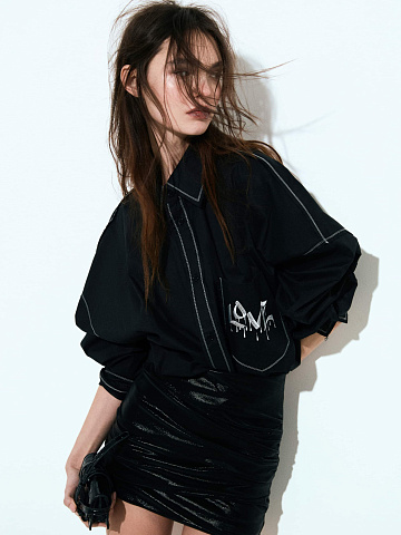 Love Embroidered Black Cotton Cropped Shirt, 2