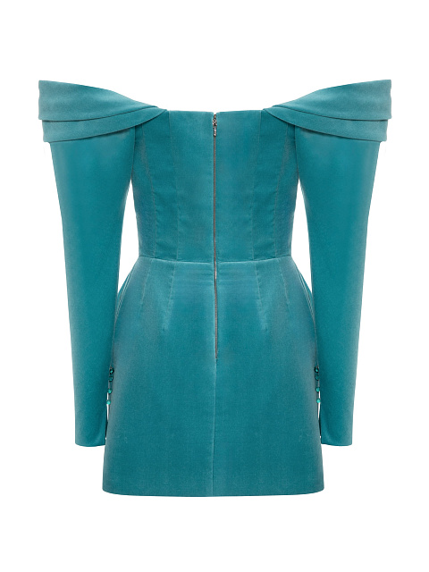 Turquoise Off-shoulder Velvet Mini Dress, 2