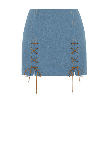 Light Blue Denim Lace Up Mini Skirt, 1