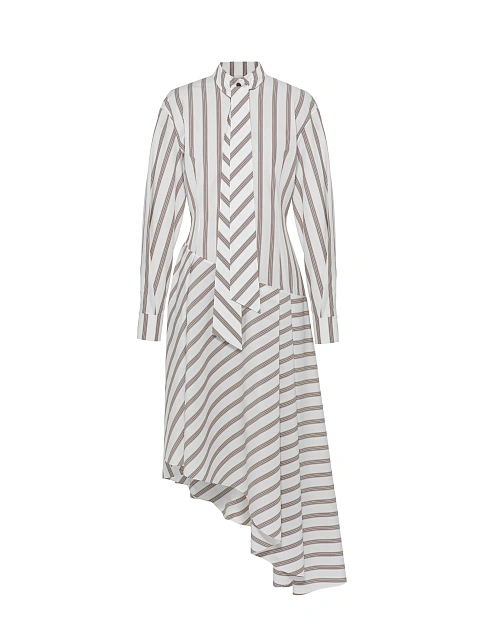 White Striped Cotton Asymmetric Midi Dress, 1 White Striped Cotton Asymmetric Midi Dress, 1