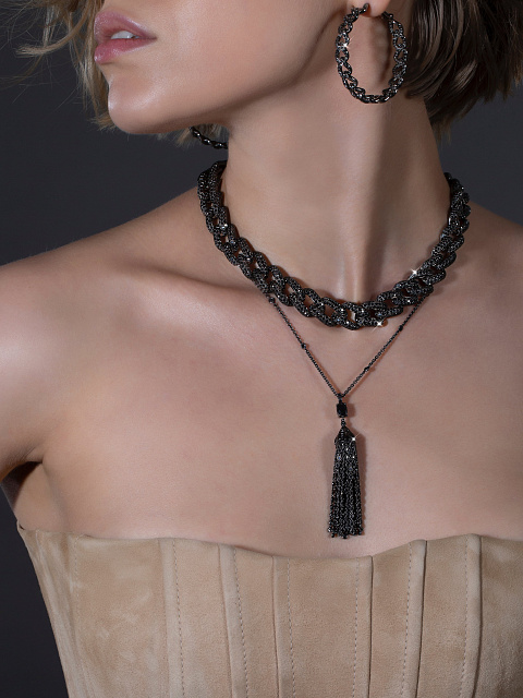 Necklace in blackened gold with diamonds and a removable tassel pendant, 5