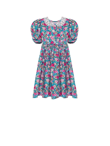 Girl's Turquoise Floral Print Lace Trim Dress, 1