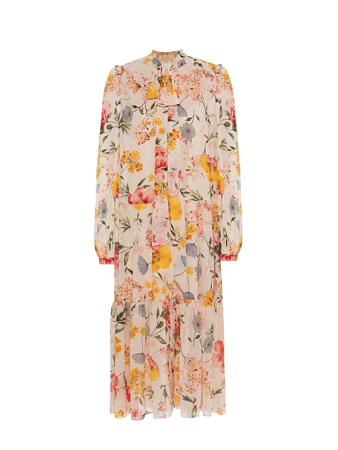 Beige Midi Dress With Large Floral Print, 1 Beige Midi Dress With Large Floral Print, 1
