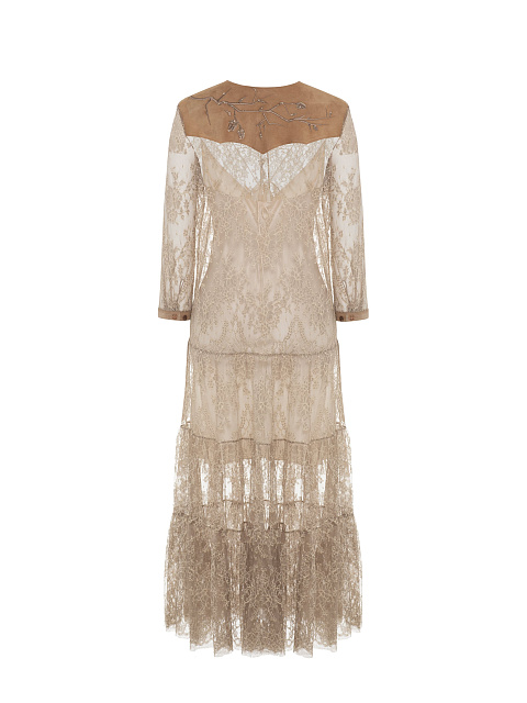 Beige Lace And Suede Midi Dress, 2