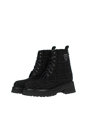 Black Tweed & Leather Lace Up Boots, 1