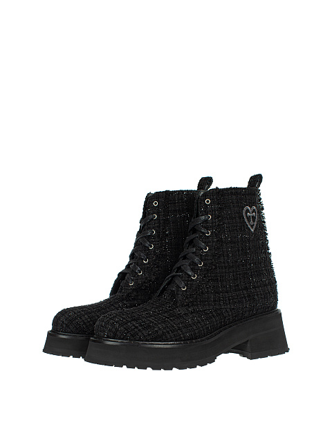 Black Tweed & Leather Lace Up Boots, 1