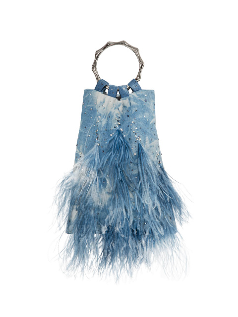 Blue Denim Tie-Dye Pouch Bag with Feathers, 3