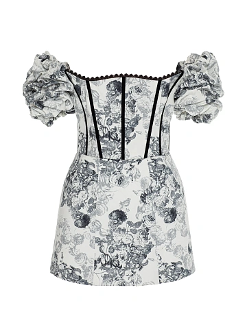 White Cotton Mini Dress With Gray Floral Print And Lace, 1