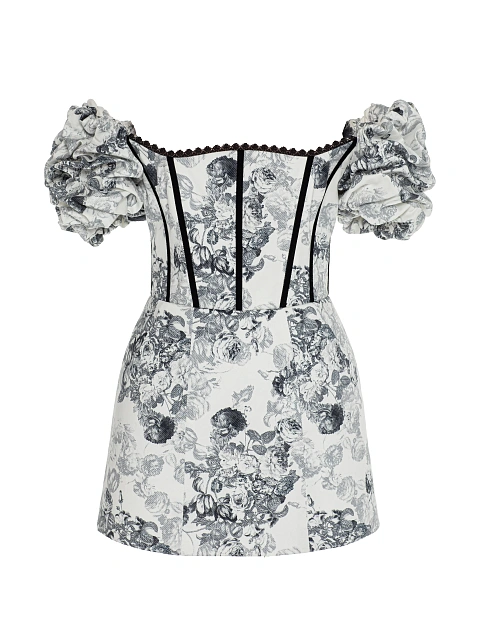 White Cotton Mini Dress With Gray Floral Print And Lace, 1 White Cotton Mini Dress With Gray Floral Print And Lace, 1