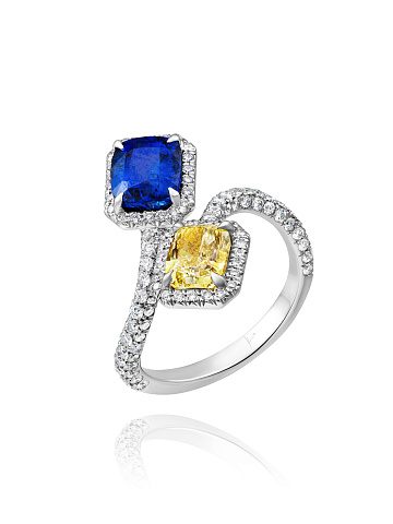 Yellow Diamond Cushion, Sapphire Cushion, Round Diamond & White Gold Ring , 1