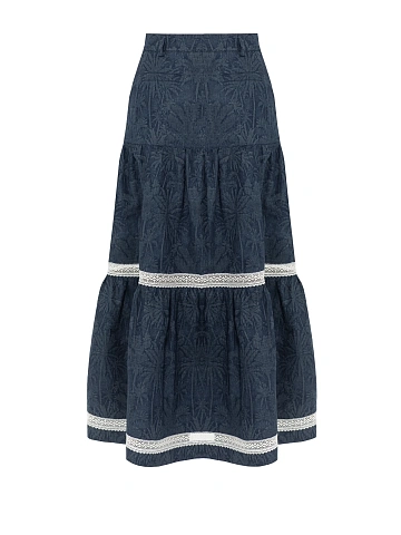 Blue Lace Trim Jacquard Midi Skirt, 2