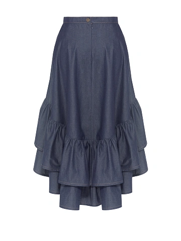 Blue Asymmetric Denim Midi Skirt With Ruffles, 2