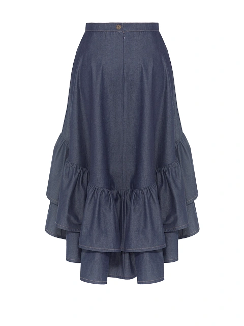 Blue Asymmetric Denim Midi Skirt With Ruffles, 2 Blue Asymmetric Denim Midi Skirt With Ruffles, 2