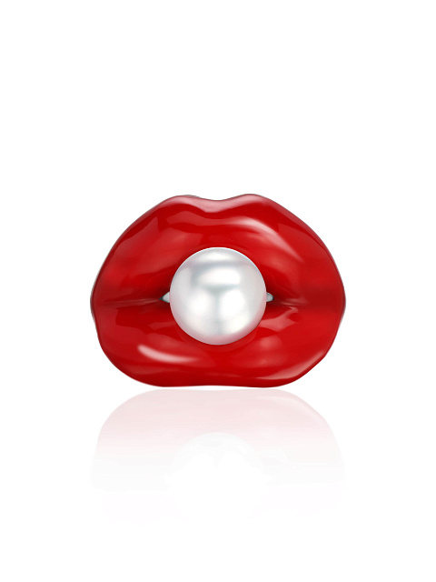 White gold ring with red enamel and white pearl bead, 3