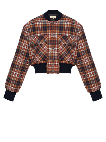Rust Brown Plaid Cropped Bomber Jacket, 1