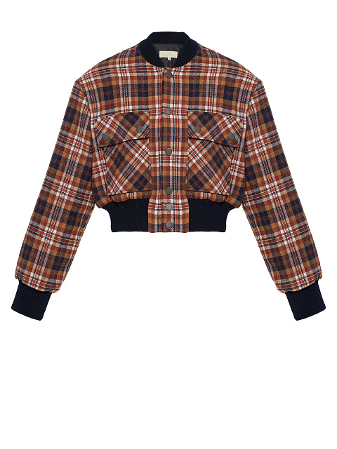 Rust Brown Plaid Cropped Bomber Jacket, 1 Rust Brown Plaid Cropped Bomber Jacket, 1