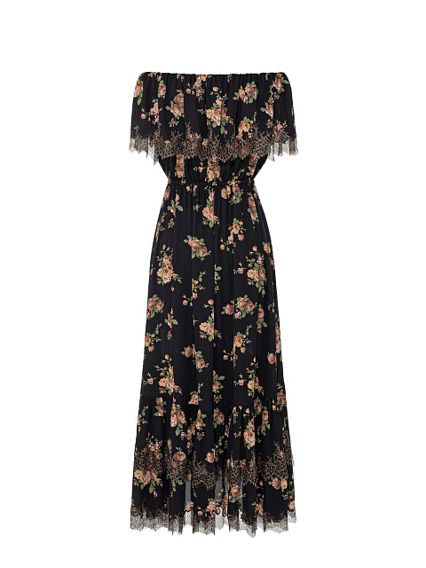 Black silk midi dress with floral print, 2 Black silk midi dress with floral print, 2