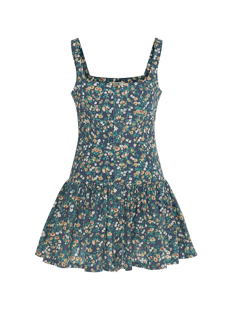 Blue cotton mini dress with floral print, 1 Blue cotton mini dress with floral print, 1