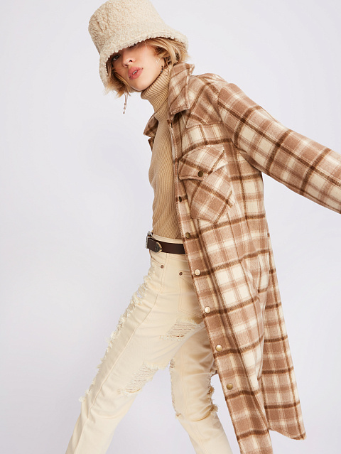 Light Brown Checked Wool Long Overshirt, 6 Light Brown Checked Wool Long Overshirt, 6