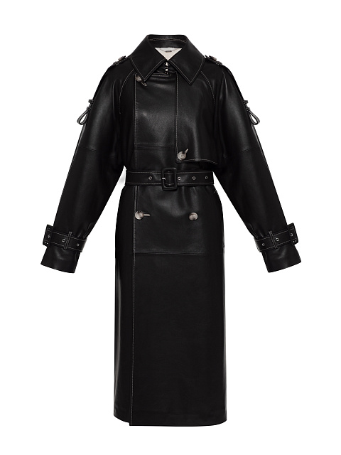 Black Leather & White Mink Fur Lining Trench Coat, 1
