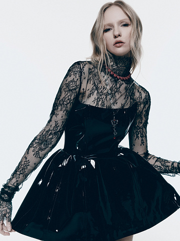 Black Patent Leather & Lace Mini Dress, 2